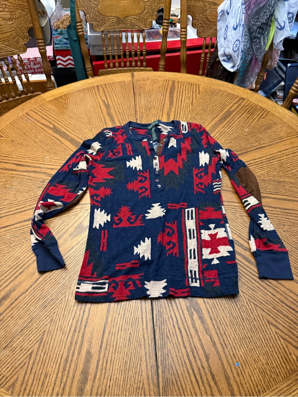 Ralph Lauren Navy Aztec Henley Sweater with Red & White Motif